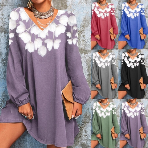 Women Casual V Neck Long Sleeve Floral Print Dress Bohemian Loose Fit A Line Mini Dress For Vacation Daily Wear