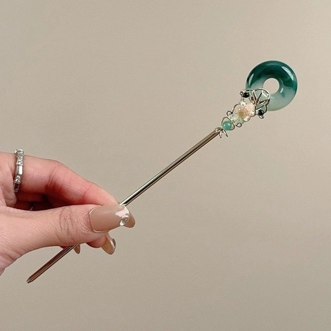 Vintage Chinesischer Haarstab Legierung Künstliche Jade Pingan Kou Anhänger Elegante Haarnadel Damen Haarschmuck