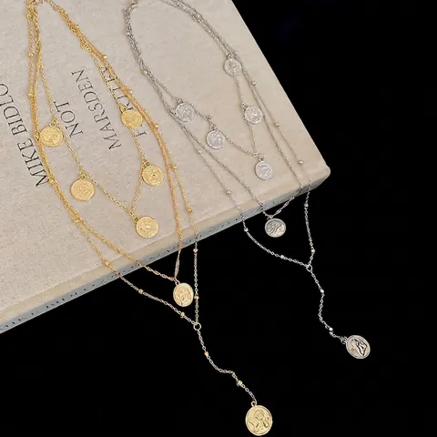 Vintage Mehrlagige Legierung Halskette Damen Runde Porträt Münze Anhänger Engel Relief Schlüsselbein Kette Schmuck