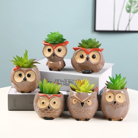 Cute Owl Ceramic Flower Pot Glazed Succulent Planter With Drainage Hole Desktop Office Home Decor Rural Style