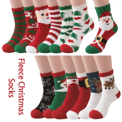 Chaussettes de Sol Chaudes Épaissies en Polaire Corail de Noël Douces Chaussettes d'Hiver Festives Avec Père Noël Renne