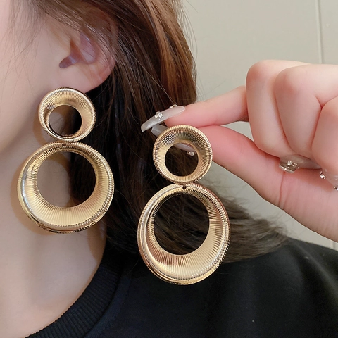Textured Double Hoop Drop Earrings With Steel Earring Post Geometric Metallic Statement Jewelry For Women