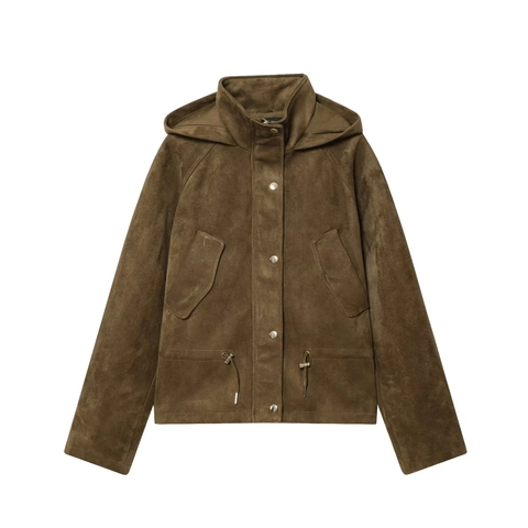 Chaqueta con Capucha de Ante Sintético para Mujer Casual Color Sólido Botón de Presión Dobladillo con Cordón Abrigo de Manga Larga