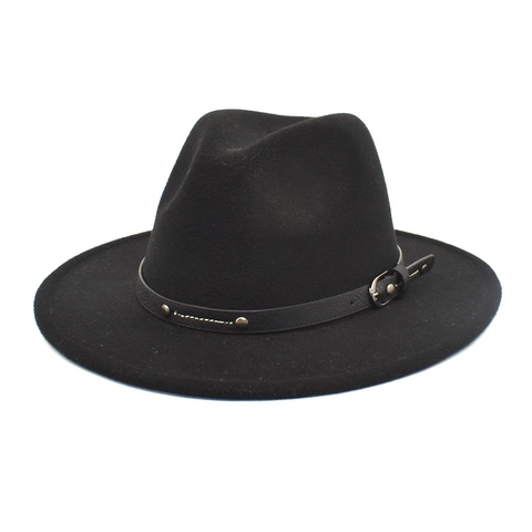Fedora Hat Woolen Felt Wide Brim Vintage British Style Jazz Cap With Belt Buckle Rivets Solid Color Elegant
