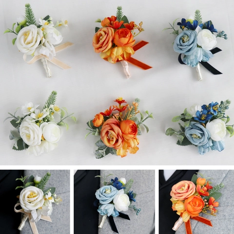Wedding Boutonniere Wrist Corsage Handmade Satin Rose Flower Groom Bride Groomsmen Bridesmaid Party Prom Elegant Vintage