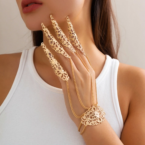 Hand Harness Bracelet Finger Rings Alloy Filigree Hollow Butterfly Rose Gothic Punk Halloween Jewelry For Women