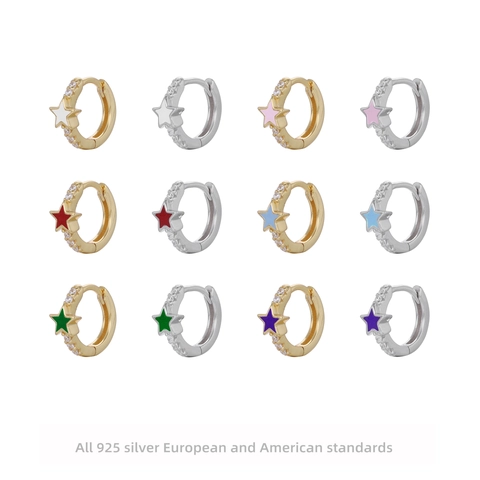 Orecchini a Cerchio in Argento Sterling S925 a Stella Colorati Smalto Stella a Cinque Punte Strass Gioielli alla Moda per Donna Ragazza Regalo