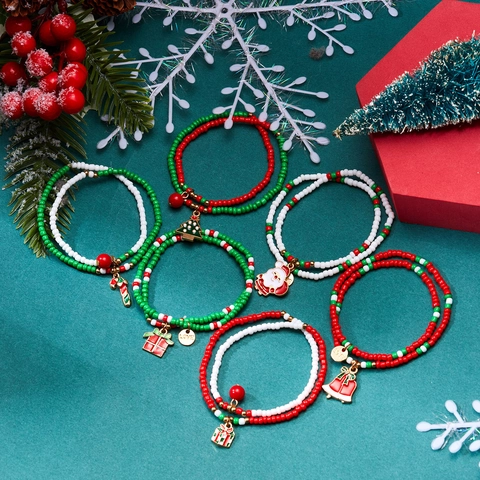 Bracelets De Noël En Perles Avec Pendentifs En Alliage Émail Père Noël Arbre Cloche Sucre D'Orge Bijoux Festifs Pour Femmes