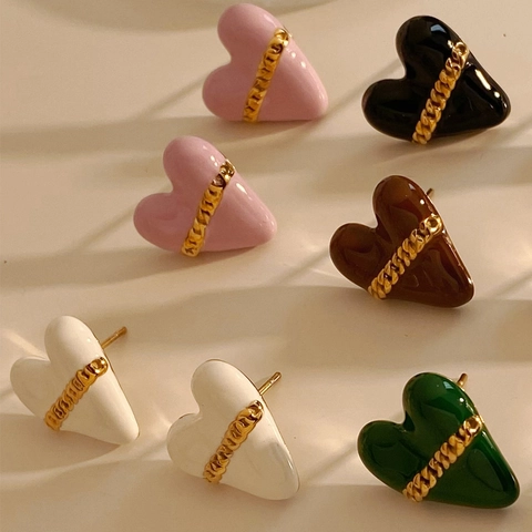 Pendientes De Botón Corazón Acero Inoxidable 316 Esmalte Con Detalle De Cadena Dorada Estilo INS Vintage Para Mujeres