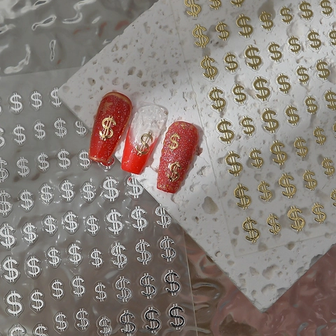 Nagelkunst Aufkleber 5D Relief Gold Silber Dollarzeichen Geld Design 3D Geprägte Wasserdichte Abziehbilder Maniküre Dekoration