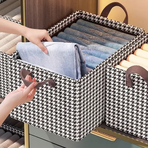 Scatola Per Vestiti In Tessuto Organizzatore Pieghevole Con Telaio In Acciaio Maniglie Motivo Pied-De-Poule Pantaloni