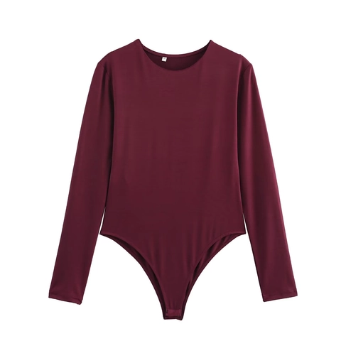 Damen Langarm Body Rundhals Eng Anliegend Elastisch Strick Polyester Hoch Geschnitten Body Jumpsuit Oberteil