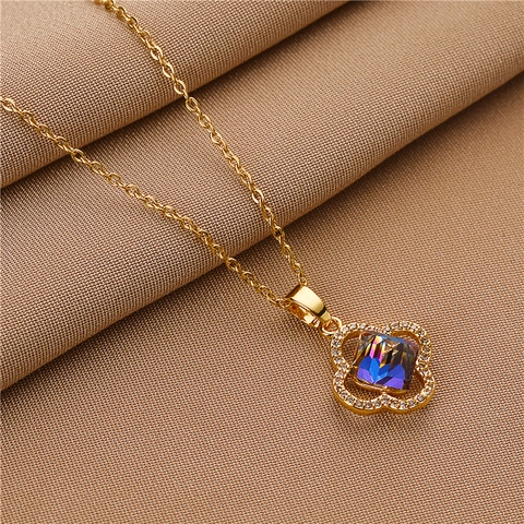 Stainless Steel Four Leaf Clover Heart Of Ocean Necklace For Women Gold Plated Colorful Rhinestone Pendant Clavicle Chain Jewelry