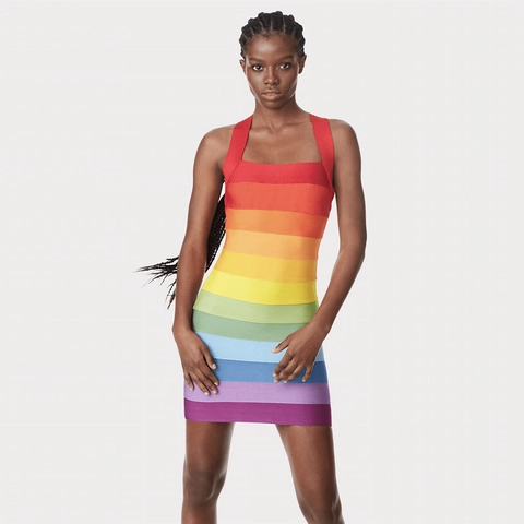 Rainbow Gradient Stripe Bandage Bodycon Mini Dress Sexy Cross Backless Sleeveless Party Clubwear For Women