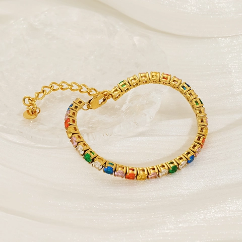 Pulsera Tennis Oro 18K Chapado Acero Inoxidable Con Circón Cúbico Colorido Arcoíris Joyería Para Mujeres
