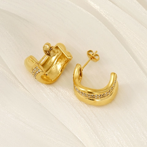 Elegante C-Form Creolen Vergoldeter Edelstahl Mit Eingelegten Strasssteinen Geometrische Minimalistische Ohrstecker Für Damen