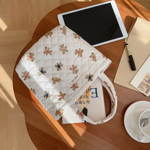 Borsa A Mano In Cotone Trapuntato Simpatico Orso Cartone Animato Fantasia Floreale Piccola Borsa In Tessuto Per Donna