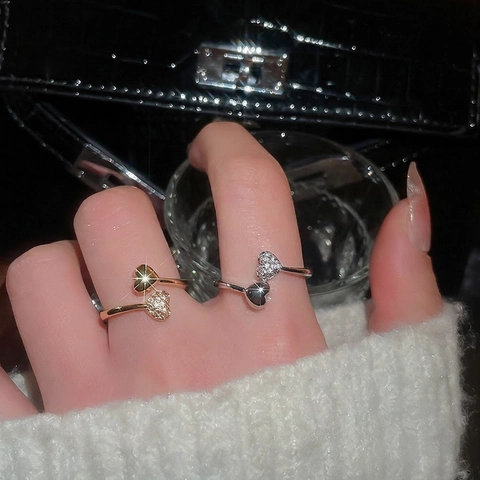 Anillo Abierto De Doble Corazón Cobre Circonita Joyería De Dedo Ajustable Para Mujeres Elegante Retro Moda Color Oro Plata