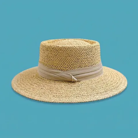 Damen Strohhut Flacher Deckel Breite Krempe Papierstroh Sonnenschutz Sommer Strandurlaub Französischer Vintage Stil Band