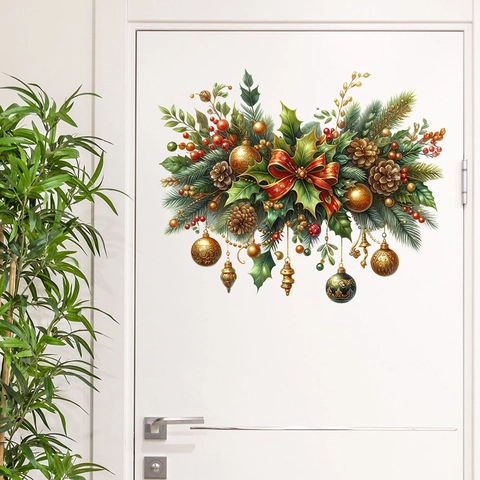 Christmas Wall Sticker PVC Waterproof Self-Adhesive Window Decal Holiday Ball Bow Pine Cone Home Door Decor