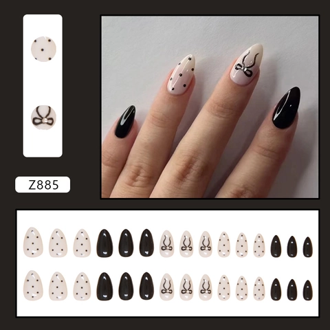 Glossy Long Almond Press On Nails Black White Polka Dot Bowknot Rhinestone Artificial False Nails For Women