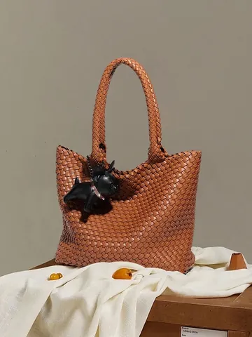 Gewebte Tragetasche PU Leder Große Kapazität Retro Schultertasche Mit Kleiner Tasche Hund Anhänger Mode Pendler Frauen
