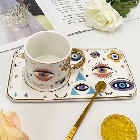 Evil Eye Keramik Kaffeetasse Und Untertasse Gold Detail Hamsa Hand Porzellan Teetasse Europäischer Luxusstil Home Decor