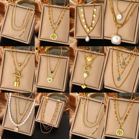 Stainless Steel Multi Layer Pendant Necklace For Women Gold Rhinestone Artificial Pearl Heart Evil Eye Roman Numeral Fashion Jewelry