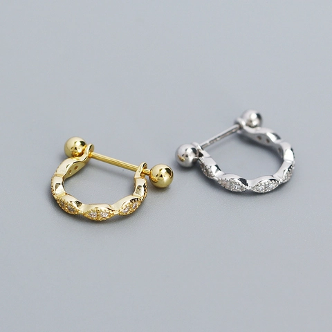 Orecchini Huggie In Argento 925 Geometrici Torsione Pavé Zirconia Gioielli Piercing Con Chiusura A Vite Estremità Sfera