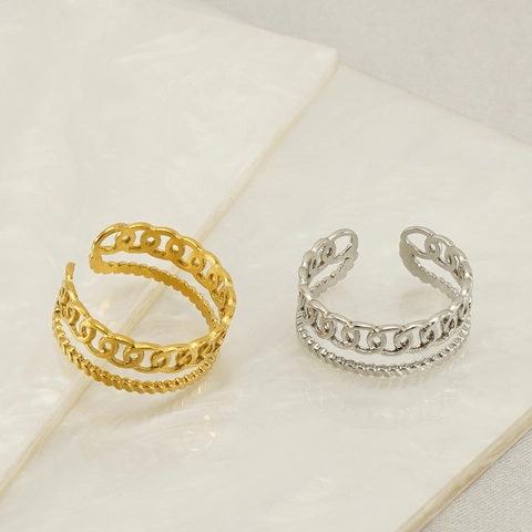 Stainless Steel Ring Double Layer Hollow Chain Twisted Rope Open Adjustable Minimalist Fashion Jewelry For Women