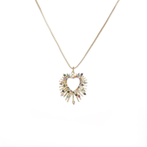 Collana Con Pendente A Cuore Da Donna Rame Placcato Oro Zircone Colorato Cavo Raggio Di Sole Gioielli Di Moda