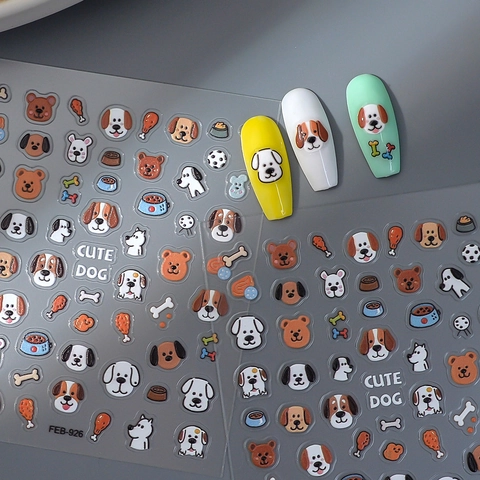 Nail Art Stickers 5D Embossed Relief Cute Cartoon Dog Bear Design Self-Adhesive Waterproof DIY Manicure Decoration Kawaii