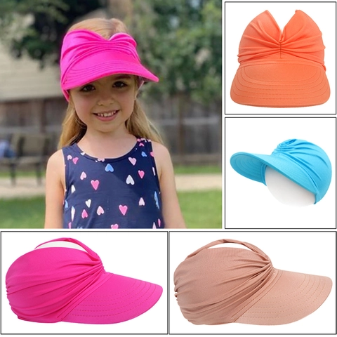Kids Empty Top Sun Hat Wide Brim Pleated Elastic Breathable Summer Beach Outdoor UV Protection For Boys Girls