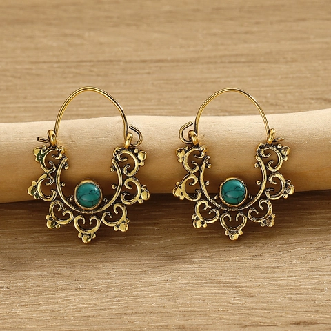 Bohemian Vintage Drop Earrings Alloy Hollow Filigree Geometric Mandala Butterfly Tree Of Life Ethnic Stone Inlay Jewelry