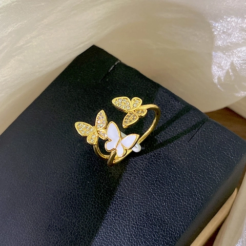 Triple Butterfly Open Ring Gold Plated Copper With White Enamel And Zircon Inlaid Elegant Adjustable Jewelry For Women