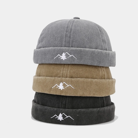 Retro Docker Mütze Ohne Schirm Reine Baumwolle Gewaschen Miki Hut Mit Berg Baum Stickerei Für Outdoor Casual