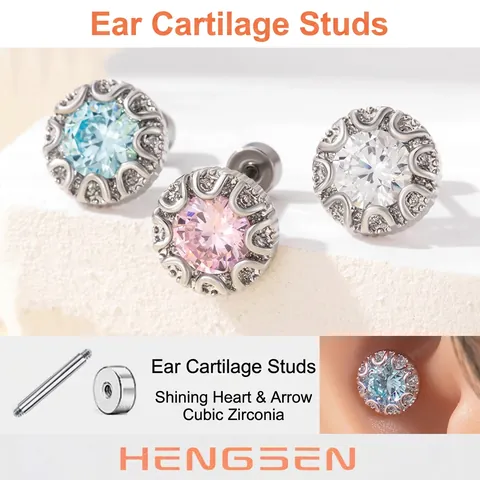 Titanium Steel Zircon Helix Stud Earrings Round Cubic Zirconia Double Head Screw Back Anti Allergy Sparkling Cartilage Jewelry