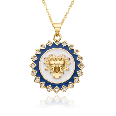 Luxury Copper Gold Plated Enamel Bee Lion Head Pendant Necklace For Women Rhinestone Inlaid Vintage Fashion Jewelry