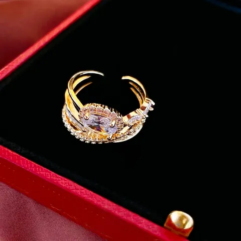 High End Adjustable Open Ring Copper Gold Plated Layered Geometric Oval Zircon Jewelry Elegant Fashion Gift For Women