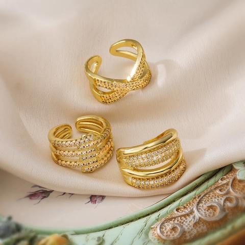 Verstellbarer Mehrlagiger Kreuzring Offen Zirkonia Vergoldet Kupfer Mode Luxus Schmuck Für Damen