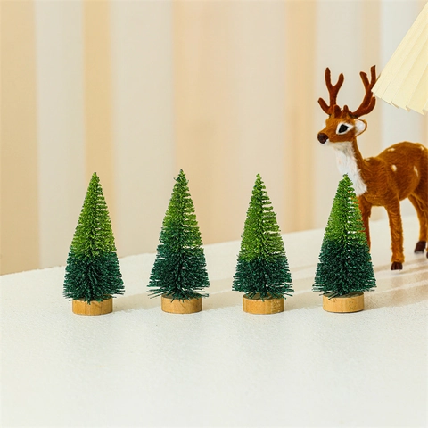 Mini Ornement D'Arbre De Noël Avec Base En Bois Sisal Plastique Paillettes Dégradé Neige Flocage Décoration Table Style Nordique