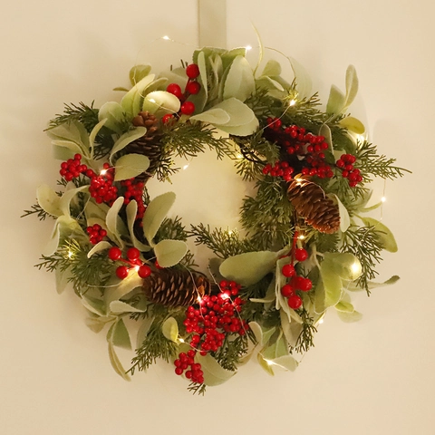 Christmas Wreath Artificial Red Berries Pine Cones Flocked Lamb Ear Leaves Holiday Front Door Wall Hanging Decor LED Lighted