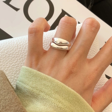 925 Sterling Zilveren Ring Onregelmatige Golf Minimalistisch Open Verstelbaar Vloeibaar Metaal Textuur Franse Stijl Voor Dames