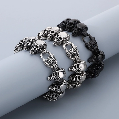 Pulsera De Calavera Acero Inoxidable 316L Joyas De Halloween Gótico Punk Rock Para Hombres Con Cierre De Cruz