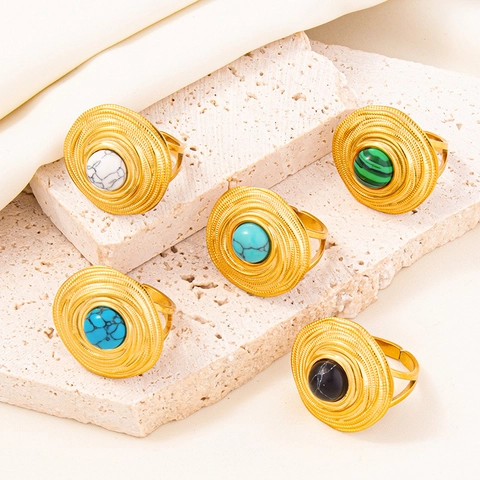 Stainless Steel Ring With Faux Gemstone And Spiral Texture Vintage Adjustable Open Band Jewelry For Women Men