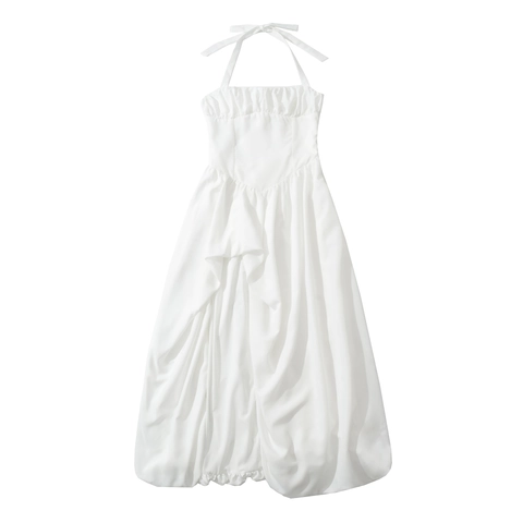 Halter Maxi Dress Polyester Backless Tie Up Pleated Bubble Hem Elegant Vacation Party Sleeveless Solid Color For Women