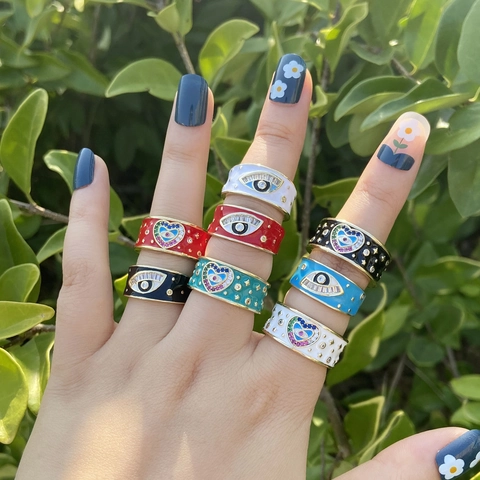 Anillo Ajustable De Cobre Circón Ojo Turco Corazón Esmalte Joyería Bohemia Moda Mujeres
