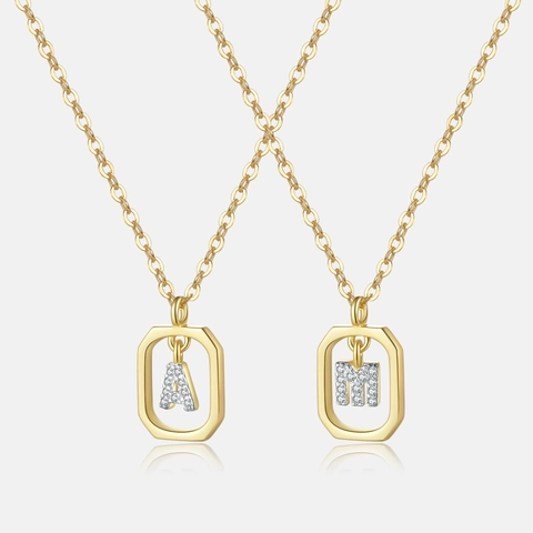 Pendant Necklace 925 Sterling Silver 18K Gold Plated Cubic Zirconia Initial Letter Geometric Frame Fashion For Women