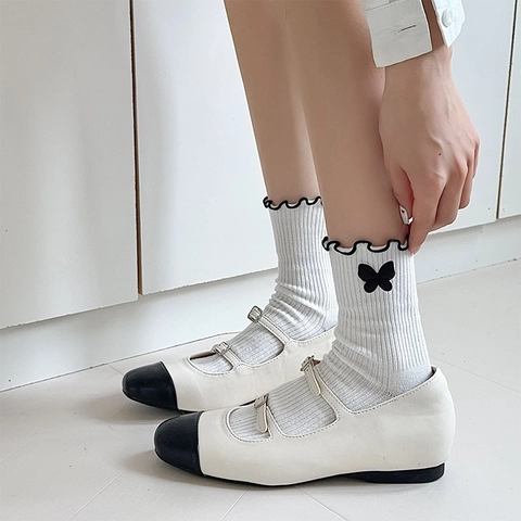 Calze Lolita A Metà Polpaccio Per Donna Misto Cotone A Coste Bordo Con Volant Fiocco Stile JK Giapponese Dolce