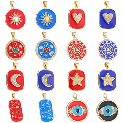 Evil Eye Sonne Mond Stern Herz Anhänger Kupfer Emaille Micro Pave Zirkonia Anhänger Für Schmuckherstellung DIY Boho